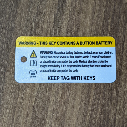 150 X Button Battery Warning Label / Key Tag with Ring