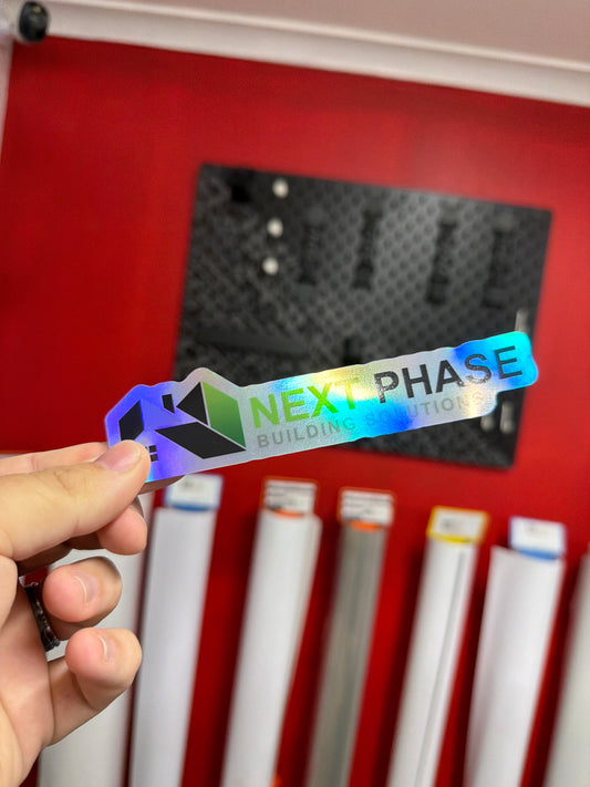 Custom holographic sticker with colour shifting vinyl effect printed by StickerCo Australia.